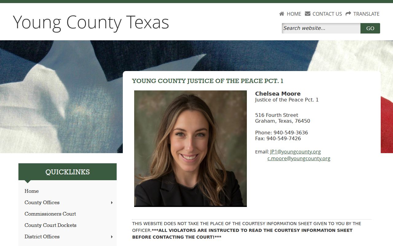 Young County bench warrant and traffic-payment routing on the JP1 court page