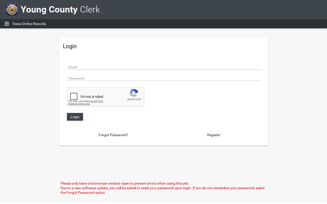Young County warrant search caution: login screen for the County Clerk vendor