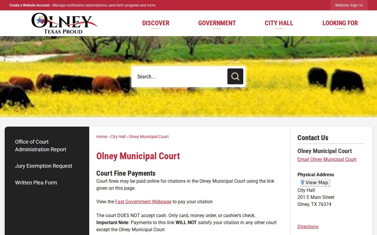 Olney warrant record request and municipal court routes on the city court page