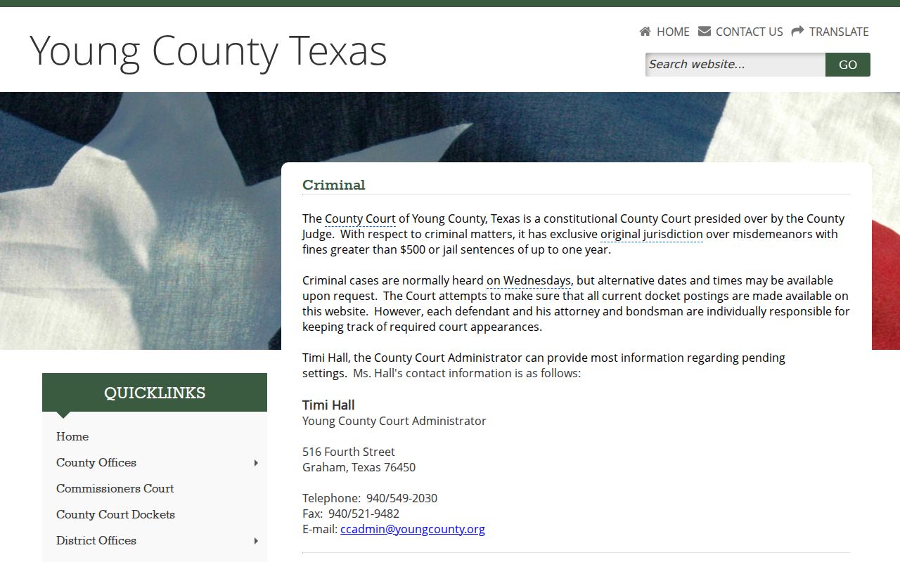 Young County bench warrant court route on the County Court criminal information page