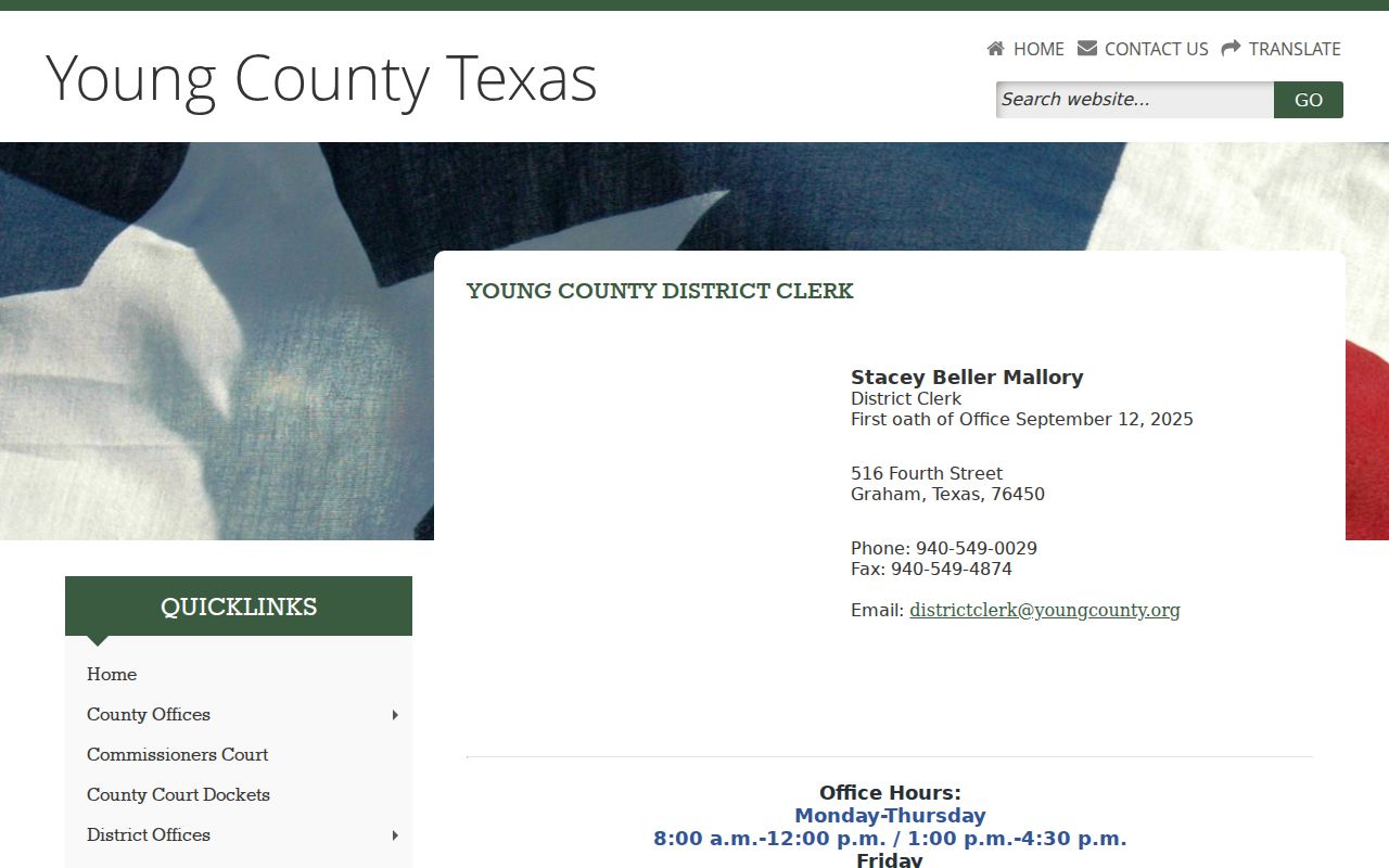 Young County warrant search records route at the District Clerk office page