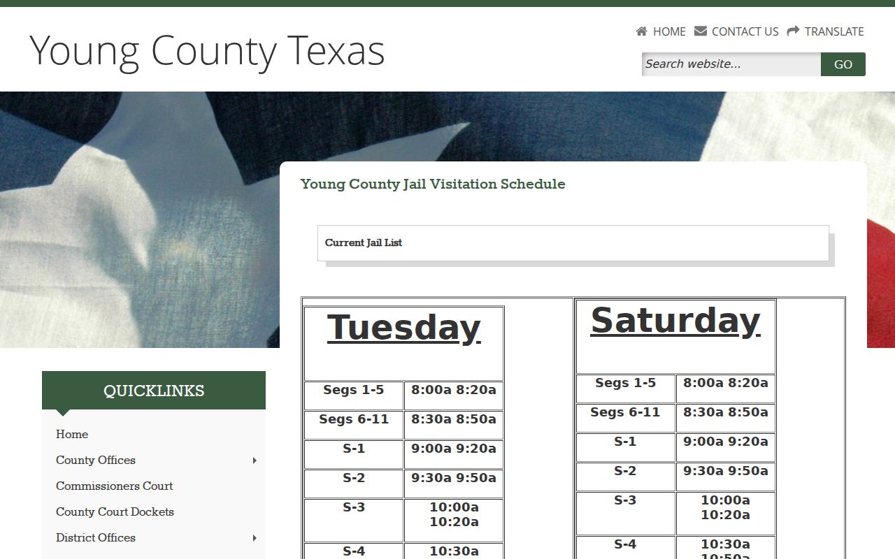Young County active warrant information is separate from the jail visitation and current-list page